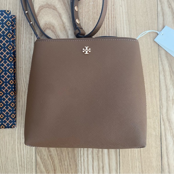 Tory Burch Small Emerson Bucket Bag Brown Cognac Saffiano Leather Crossbody - Picture 2 of 12